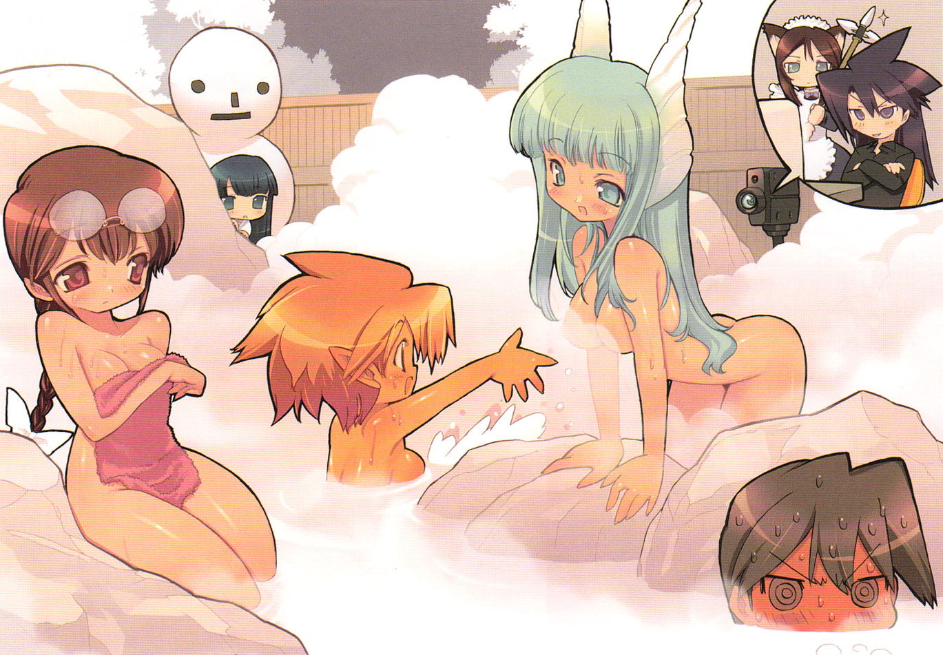 blade (galaxist), eneus, falce, hasegawa suzuho, hasegawa takuto, sakuma eitarou, tanarot, magician's academy, brush, official art, scan, 2boys, 5girls, animal ears, aqua eyes, aqua hair, black eyes, black hair, braid, brown eyes, brown hair, camcorder, camera, dog ears, elf, glasses, green eyes, green hair, grey eyes, horns, long hair, maid, mixed-sex bathing, multiple boys, multiple girls, nude, onsen, pointy ears, red eyes, red hair, rock, shared bathing, short hair, smoke, snow, snowman, steam, sweat, towel, video camera, wet