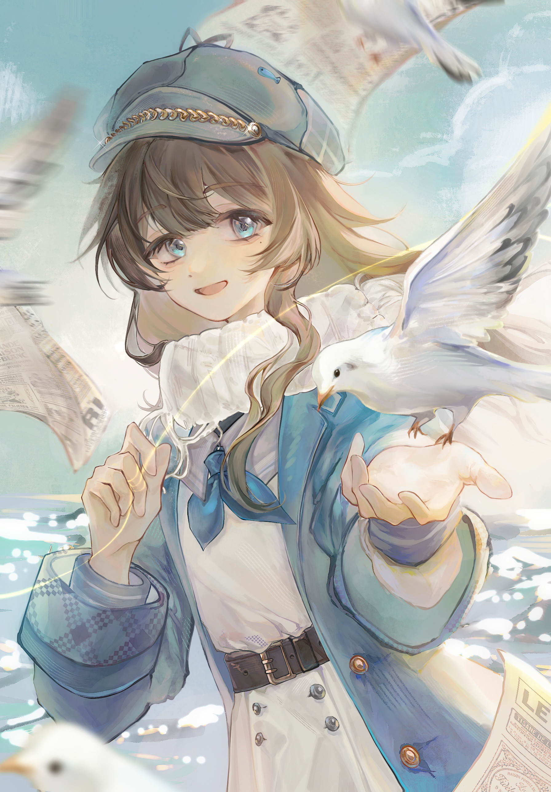 marcus (reverse:1999), reverse:1999, absurdres, highres, 1girl, :d, baiyu (baiyu43937), belt, bird, blue coat, blue eyes, blue neckerchief, blue sky, blurry, blurry foreground, brown belt, brown hair, coat, day, dress, grey hat, hands up, hat, long hair, looking at viewer, mole, mole under eye, neckerchief, newsboy cap, ocean, open mouth, outdoors, outstretched hand, scarf, seagull, sky, smile, solo, string, upper body, white bird, white dress, white scarf