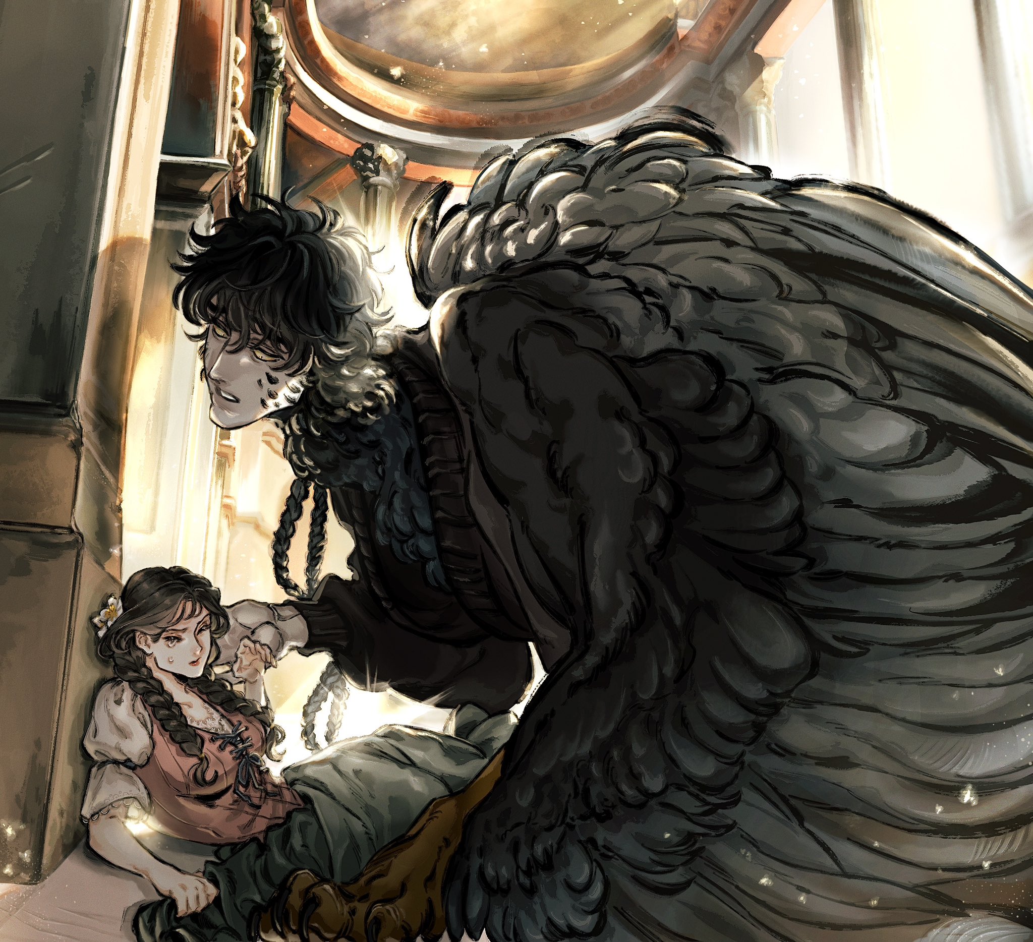 4 virgin, original, commentary request, highres, 1boy, 1girl, animal feet, black feathers, black hair, black wings, braid, brown hair, claws, colored sclera, crying, dress, feathered wings, feathers, full body, indoors, looking at another, monster boy, on one knee, short hair, sunlight, twin braids, wings, yellow sclera