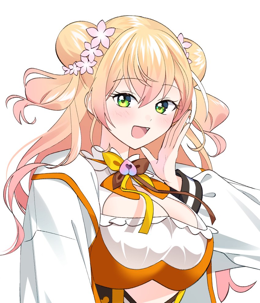 uuoftn, momosuzu nene, momosuzu nene (1st costume), hololive, hashtag-only commentary, 1girl, bell, blonde hair, blush, bow, bowtie, breasts, brown bow, brown bowtie, cleavage, cleavage cutout, clothing cutout, collar, crossed bangs, cutout above navel, double bun, fang, flower, frilled collar, frilled shirt, frills, gradient hair, green eyes, hair bun, hair flower, hair ornament, hand up, jacket, jingle bell, large breasts, light blush, long hair, looking at viewer, multicolored bow, multicolored bowtie, multicolored hair, open clothes, open jacket, open mouth, orange bow, orange bowtie, orange shirt, peach ornament, pink hair, shirt, simple background, smile, solo, two side up, upper body, virtual youtuber, white background, white jacket, yellow bow, yellow bowtie