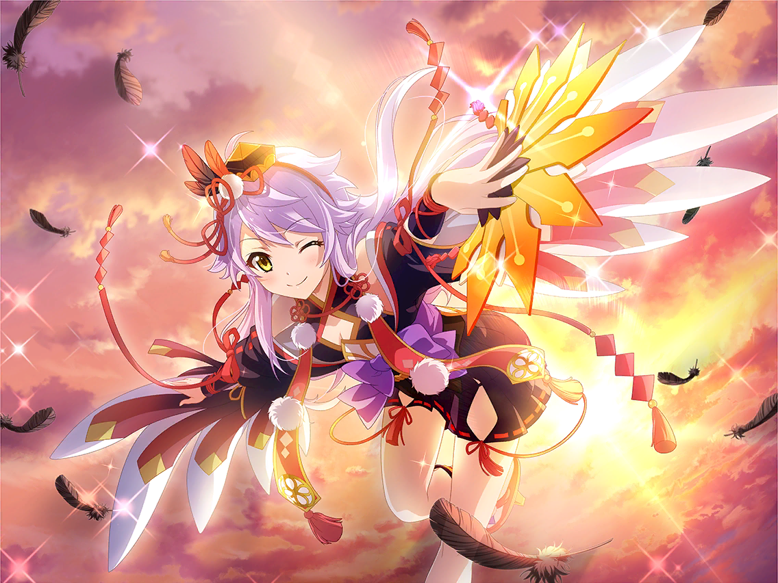 otonashi ichie, shoujo kageki revue starlight, shoujo kageki revue starlight -re live-, game cg, official art, 1girl, black feathers, black kimono, breasts, cleavage, closed mouth, falling feathers, feathers, hand fan, hat, hauchiwa, holding, holding fan, japanese clothes, kimono, long hair, looking at viewer, one eye closed, outstretched arms, purple hair, smile, solo, sun, tengu, tokin hat, yellow eyes