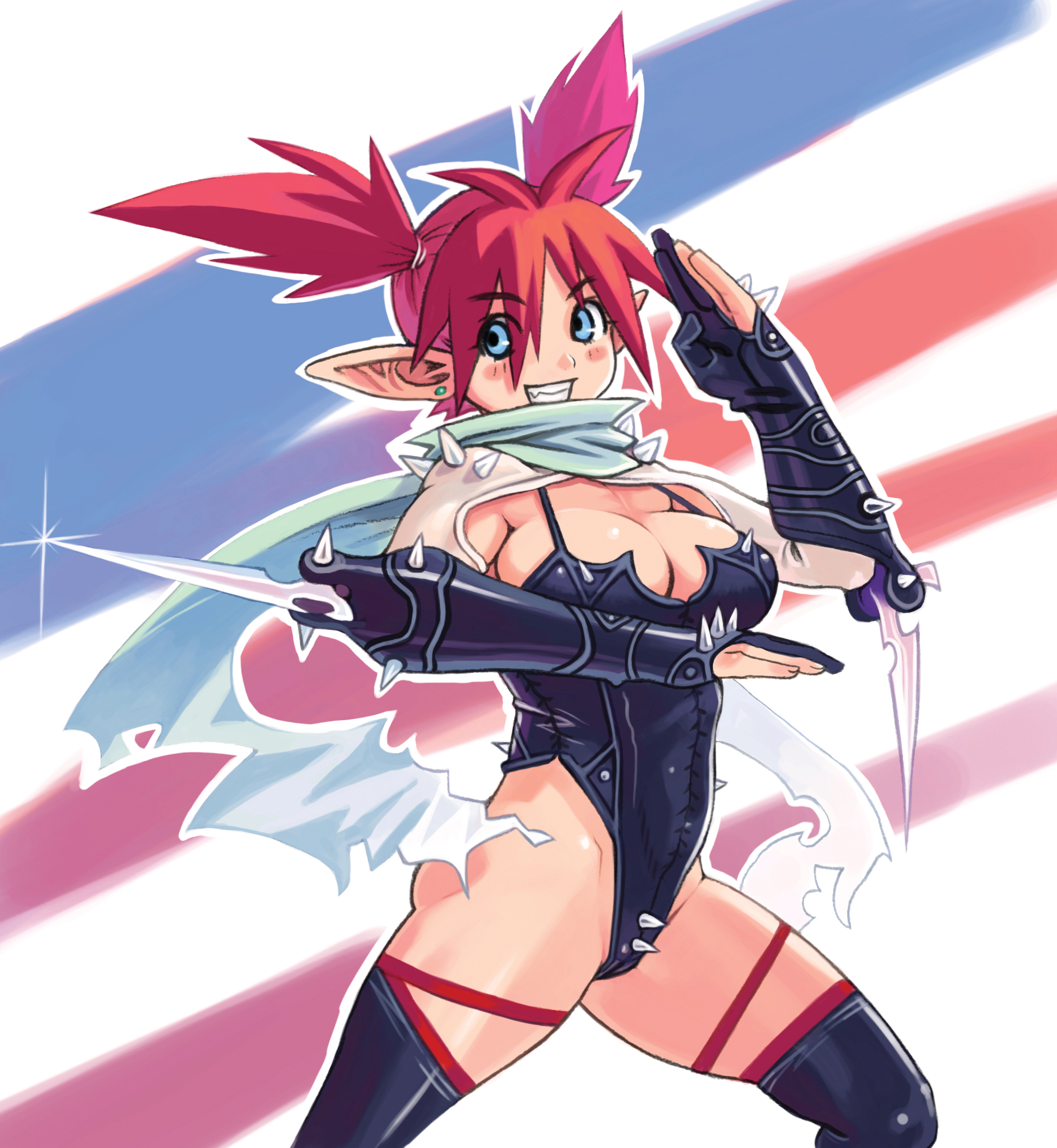 ryoji (nomura ryouji), mugen no fantasia, blade, highres, 1girl, arm blade, blue eyes, breasts, earrings, female focus, gauntlets, gloves, jewelry, large breasts, pointy ears, red hair, scarf, solo, spiked gloves, spikes, thighhighs, twintails, weapon