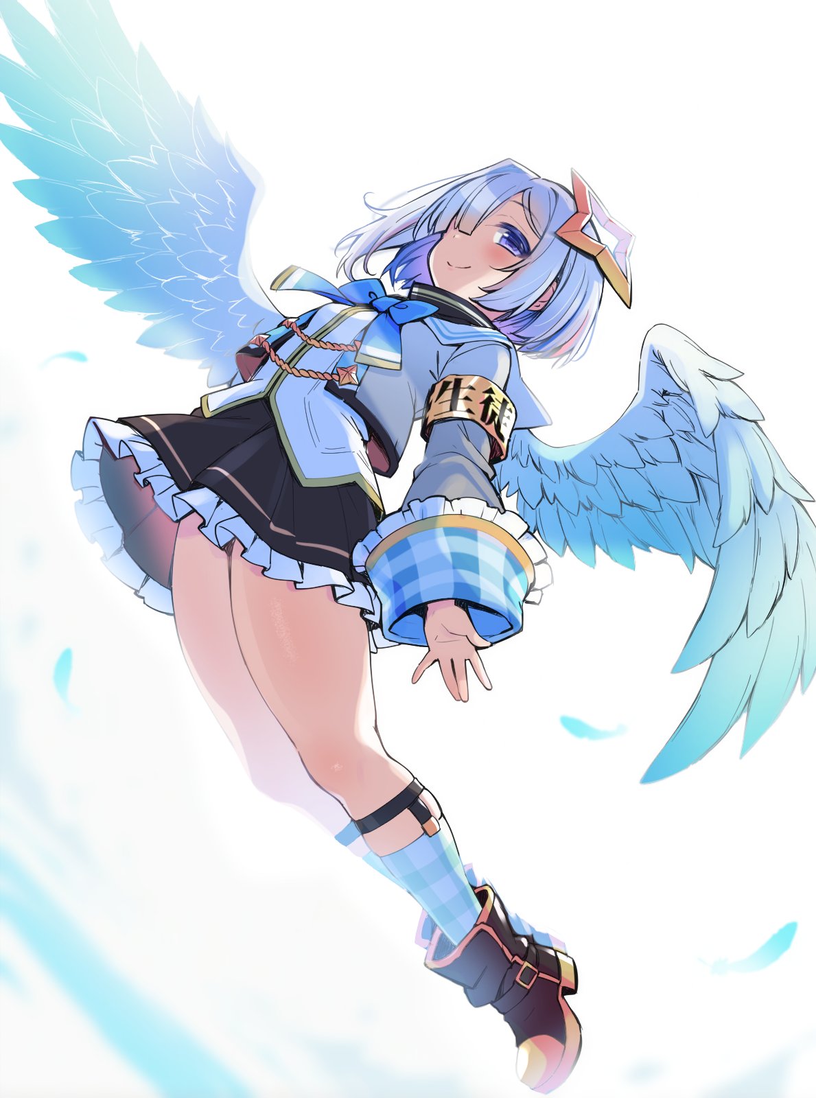 sakanaya (sakanaya952), amane kanata, amane kanata (1st costume), hololive, highres, 1girl, angel, angel wings, arched back, armband, blue hair, bob cut, colored inner hair, feathered wings, flying, gingham legwear, gingham sleeves, gingham socks, grey hair, halo, multicolored hair, purple eyes, smile, solo, star halo, virtual youtuber, wings