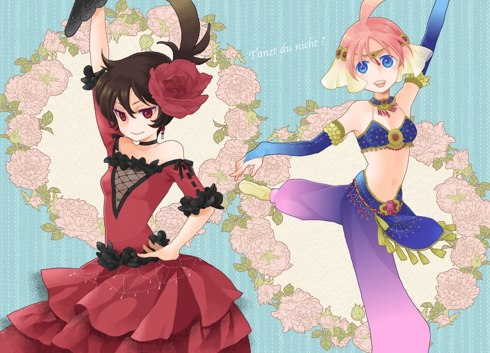 ogura (pixiv97931), ahiru (princess tutu), princess kraehe, princess tutu (character), rue (princess tutu), princess tutu, translated, 00s, 2girls, ahoge, ballerina, blue eyes, bridal gauntlets, brown hair, choker, circlet, dancing, dress, earrings, elbow gloves, eyeshadow, female focus, flamenco, flat chest, flower, frills, gathers, german text, gloves, gypsy, hair flower, hair ornament, hand fan, hand on own hip, harem pants, jewelry, makeup, multiple girls, pants, pink hair, red eyes, smile, text focus