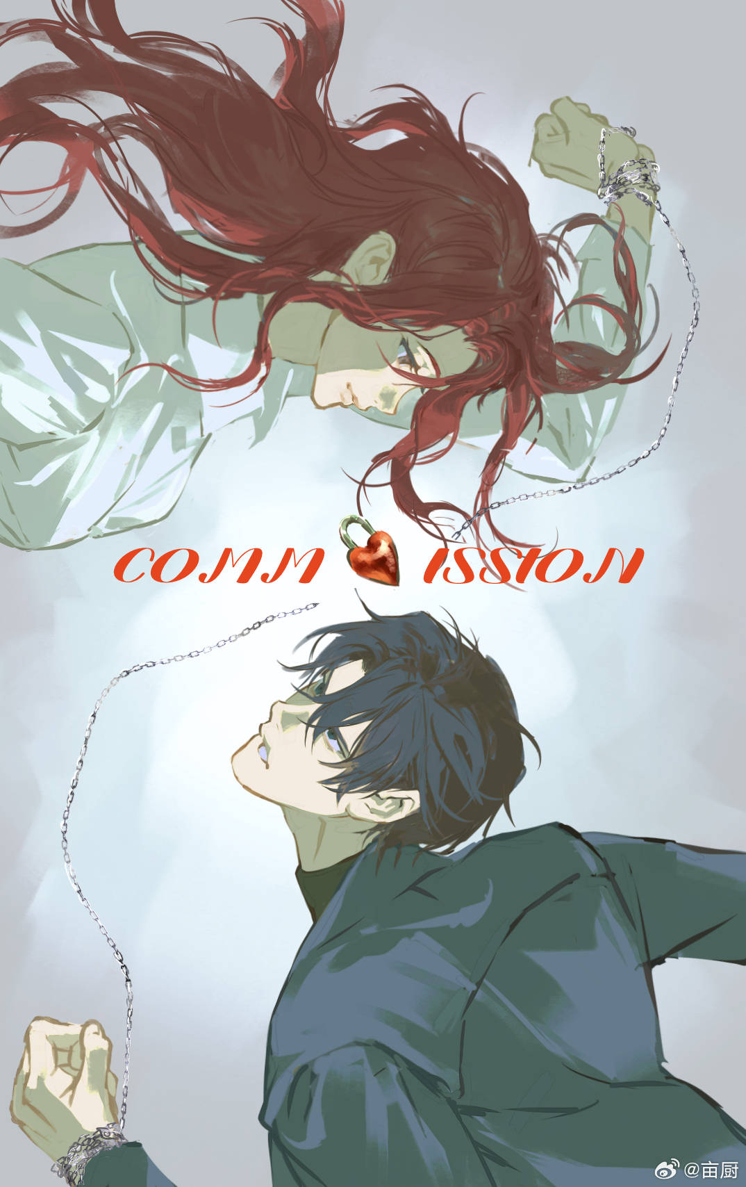 pulppunk001, original, bad source, highres, 1boy, 1girl, black eyes, black hair, chain, collared shirt, gem, jacket, jewelry, long hair, long sleeves, looking at another, male focus, necklace, parted lips, red eyes, red gemstone, red hair, shirt, short hair, smile, upper body, watermark, weibo username, weibo watermark, white shirt