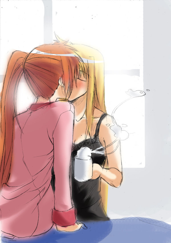 layla (suptomat), fate testarossa, takamachi nanoha, lyrical nanoha, mahou shoujo lyrical nanoha, 2girls, blonde hair, coffee, cup, kiss, morning, mug, multiple girls, window, yuri