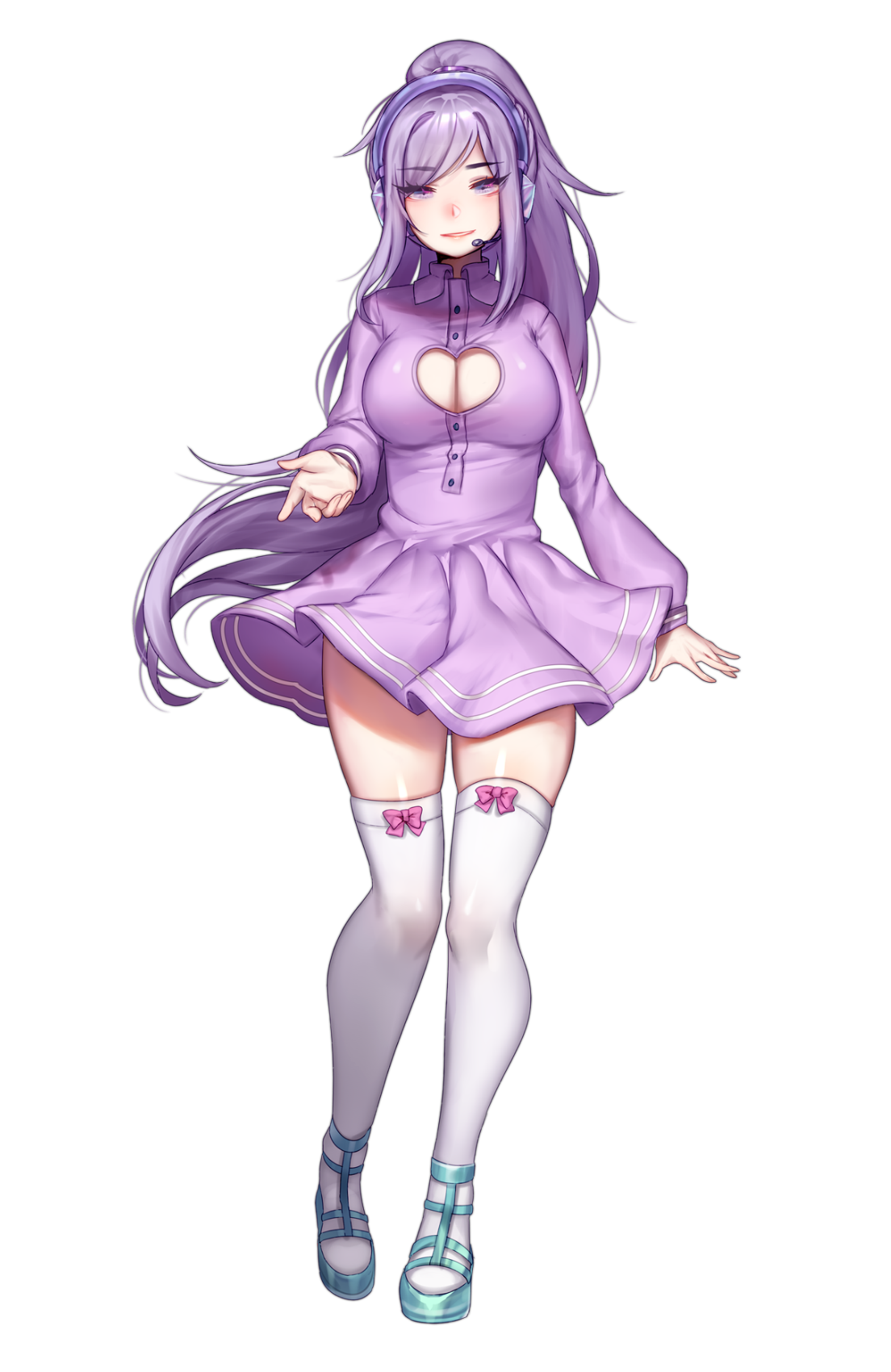 terupancake, utau, highres, non-web source, official art, 1girl, aeris (utau), aqua shoes, breasts, cleavage cutout, clothing cutout, dress, headset, heart cutout, high ponytail, large breasts, long hair, looking at viewer, outstretched hand, pleated dress, ponytail, purple dress, purple eyes, purple hair, shoes, sidelocks, simple background, skindentation, smile, solo, standing, swept bangs, tachi-e, thighhighs, transparent background, very long hair, white thighhighs
