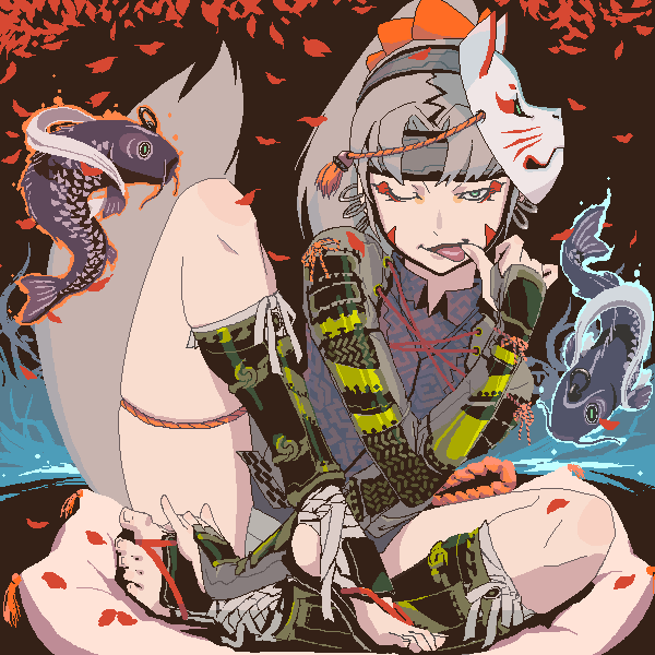 eizoku, original, 1girl, female focus, fish, fox mask, leaf, long hair, mask, naughty face, ninja, one eye closed, sitting, solo, toes, tongue, wink