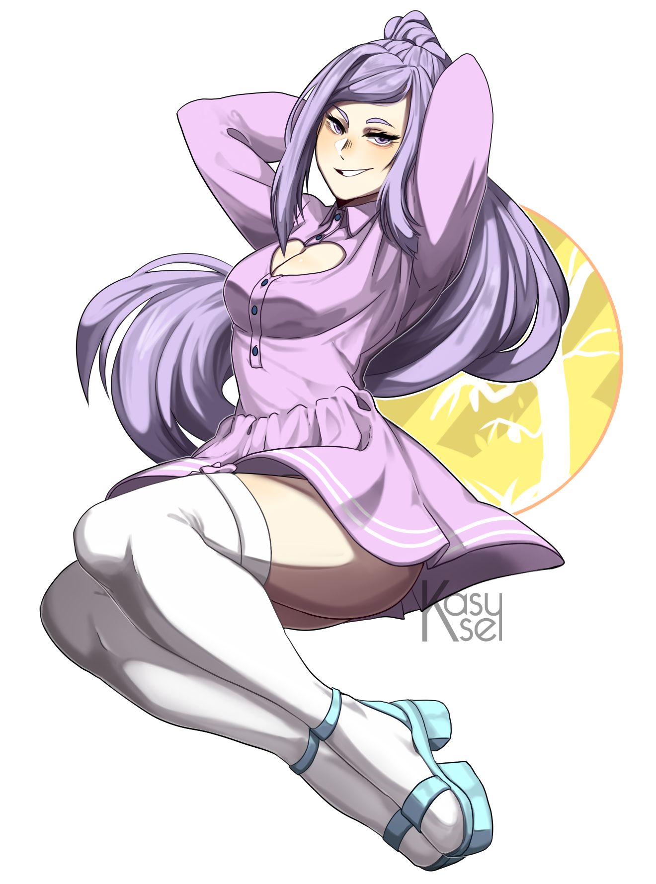 utau, commission, highres, non-web source, official art, 1girl, aeris (utau), aqua shoes, arms behind head, ass, breasts, cleavage cutout, clothing cutout, dress, full body, heart cutout, high heels, high ponytail, kasusei, large breasts, long hair, looking at viewer, outline, pleated dress, ponytail, purple dress, purple eyes, purple hair, shoes, sidelocks, simple background, sitting, smile, solo, swept bangs, thighhighs, transparent background, very long hair, watermark, white outline, white thighhighs