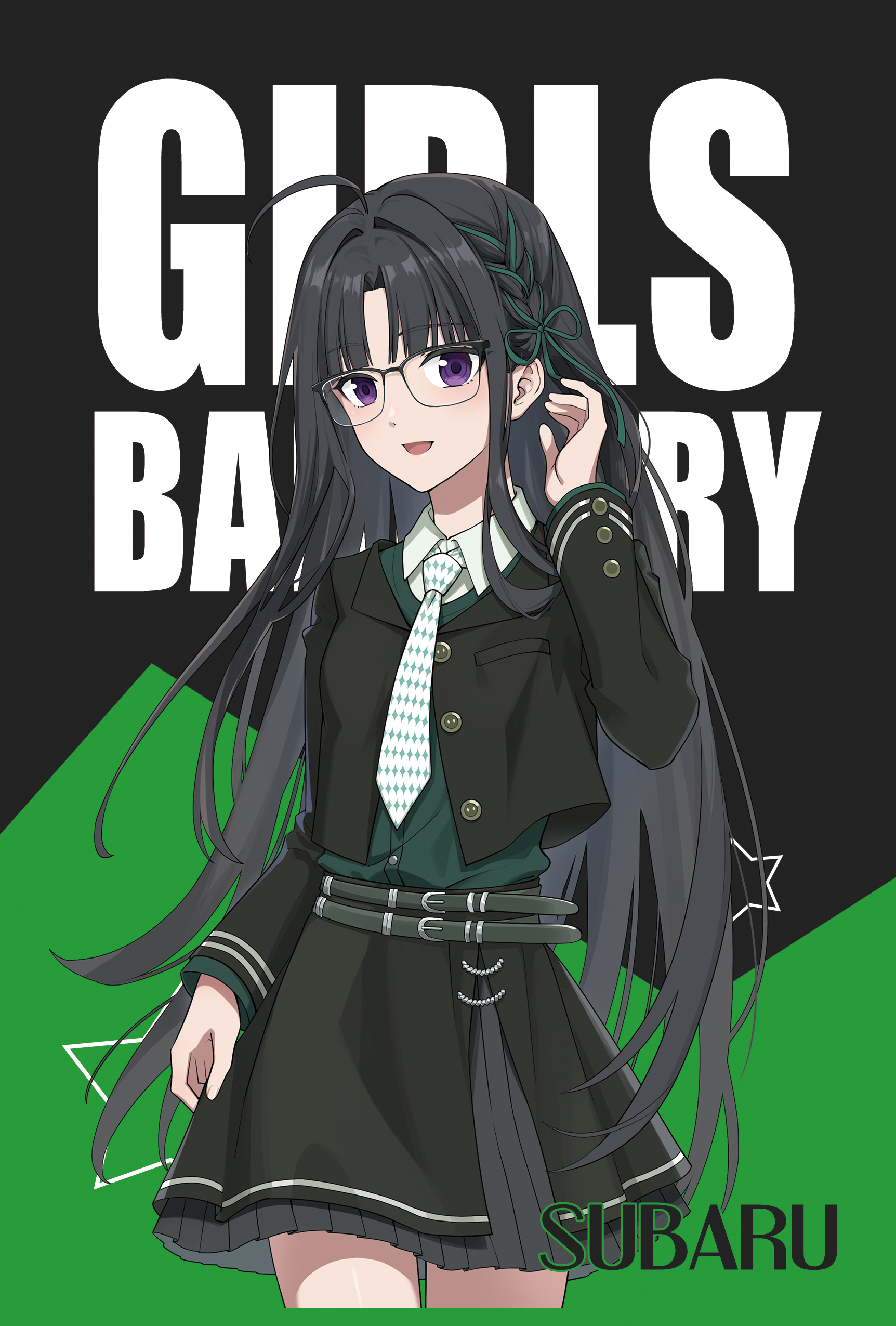 awa subaru, girls band cry, absurdres, highres, 1girl, ahoge, alternate costume, belt, black hair, black jacket, black skirt, braid, character name, collared shirt, glasses, green necktie, green shirt, hair ribbon, jacket, long hair, long sleeves, looking at viewer, necktie, nuoweisenlin tongren gongzuoshi, open mouth, purple eyes, ribbon, shirt, skirt, smile, solo, very long hair
