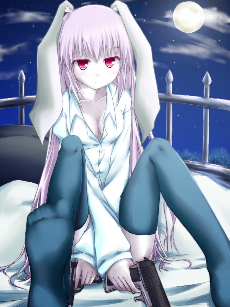 an (angular-angler), reisen udongein inaba, touhou, bad id, bad pixiv id, 1girl, animal ears, bad anatomy, bad feet, black thighhighs, blush, breasts, cleavage, crossed arms, dress shirt, dual wielding, feet, female focus, gun, handgun, holding, long hair, medium breasts, moon, night, poorly drawn, purple hair, rabbit ears, red eyes, semi-automatic pistol, shirt, sky, solo, thighhighs, weapon