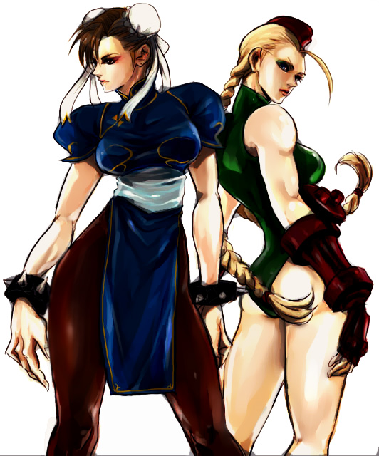 cammy white, chun-li, capcom, street fighter, 2girls, beret, bracelet, double bun, hat, jewelry, leotard, multiple girls, spiked bracelet, spikes