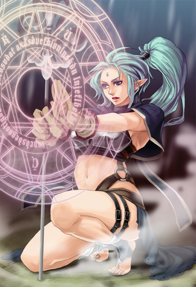 artist request, character request, copyright request, source request, aqua hair, armor, barefoot, battle, blue eyes, elf, fantasy, magic circle, pointy ears, toes