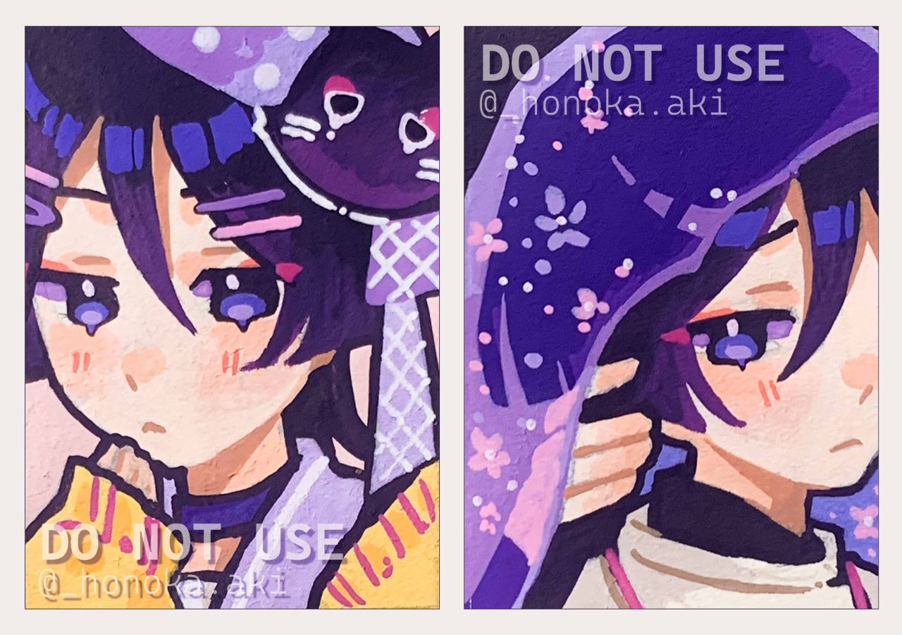 scaramouche (cat) (genshin impact), scaramouche (genshin impact), scaramouche (kabukimono) (genshin impact), genshin impact, commentary, english commentary, 2boys, alternate costume, artist name, blue hair, blush, closed mouth, english text, flower, hair ornament, hand up, looking at viewer, mchang2312, multiple boys, short hair, twitter username, white background