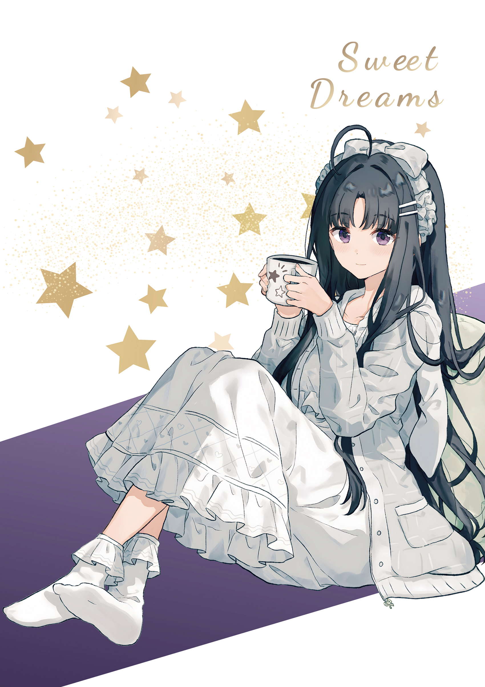 migolu, awa subaru, girls band cry, subaru (brand), absurdres, highres, 1girl, ahoge, alternate costume, black hair, blush, book, bow, cardigan, character name, closed mouth, cup, dress, frilled dress, frills, full body, hair bow, hair ornament, hairclip, holding, holding cup, jacket, long hair, long sleeves, looking at viewer, mug, no shoes, nuoweisenlin tongren gongzuoshi, open clothes, parted bangs, purple eyes, sitting, smile, socks, solo, star (symbol), very long hair, white bow, white dress, white socks