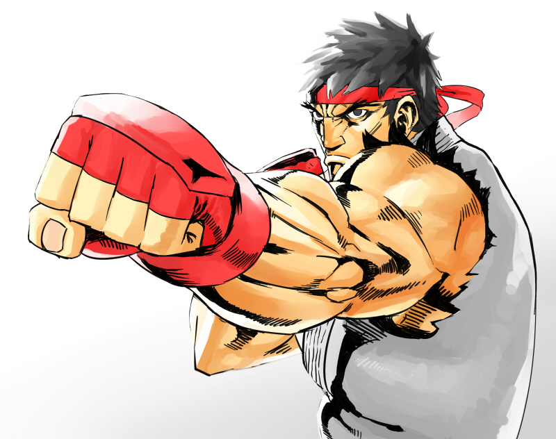 hijiki (b-stroke), ryu (street fighter), capcom, street fighter, black eyes, black hair, clenched hand, gloves, headband, muscular, punching, serious, spiked hair