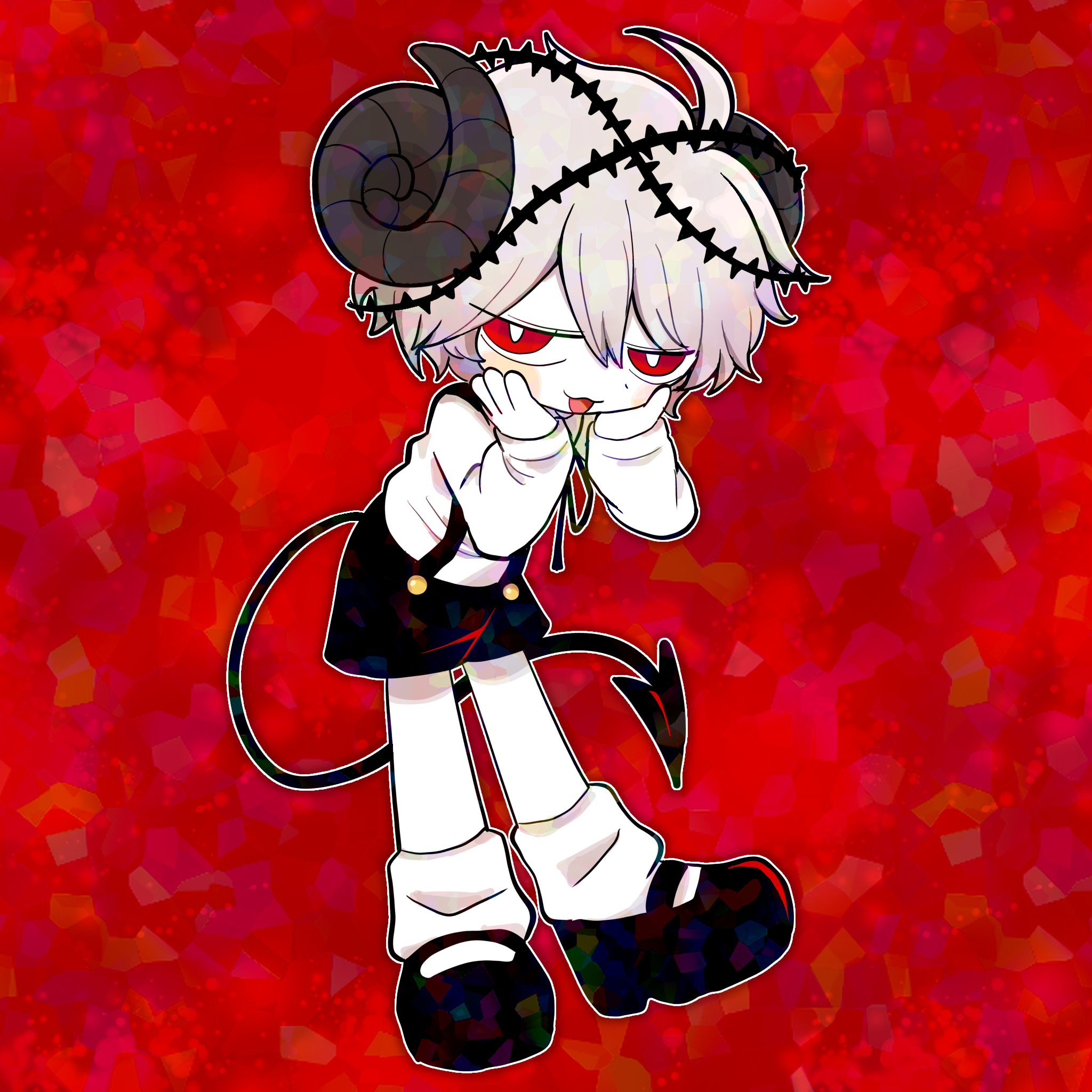 funamusea, hashtag-only commentary, highres, 1boy, :3, ahoge, black shoes, black shorts, bright pupils, demon boy, demon horns, demon tail, full body, funamusea (style), hands on own cheeks, hands on own face, hitoki (funamusea), horns, light blush, looking at viewer, loose socks, male focus, official style, open mouth, outline, pwncessmiffy, red background, red eyes, shirt, shoes, short hair, shorts, smug, socks, solo, suspender shorts, suspenders, tail, white outline, white pupils, white shirt, white socks