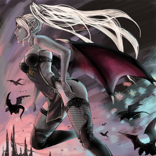 artist request, character request, lowres, source request, tagme, 1girl, breasts, dark skin, demon girl, fishnets, large breasts, long hair, outdoors, pointy ears, thighhighs, wings