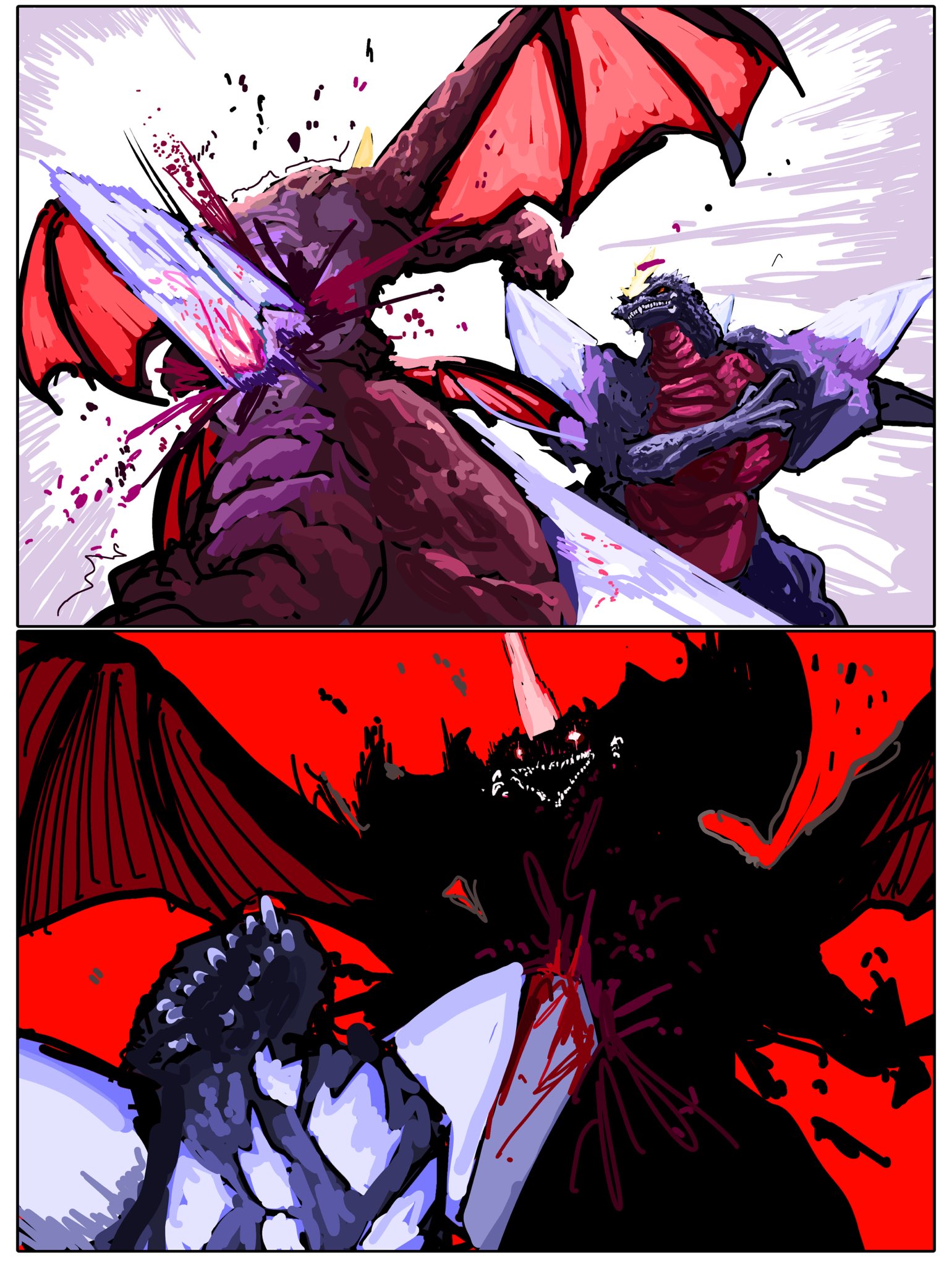 destoroyah, spacegodzilla, godzilla (series), highres, back spikes, blood, crystal, fangs, fighting, gigan (gigan1024896), horns, kaiju, low wings, red background, silhouette, single horn, stab, wings