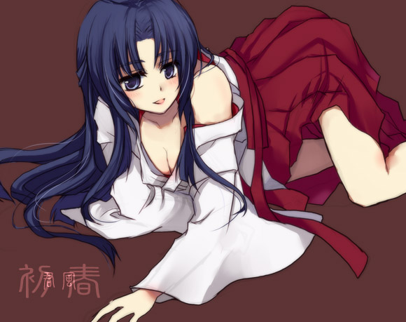 kazui, asakura ryoko, suzumiya haruhi no yuuutsu, 1girl, blue eyes, blue hair, breasts, cleavage, female focus, japanese clothes, long hair, matching hair/eyes, medium breasts, miko, solo, undressing