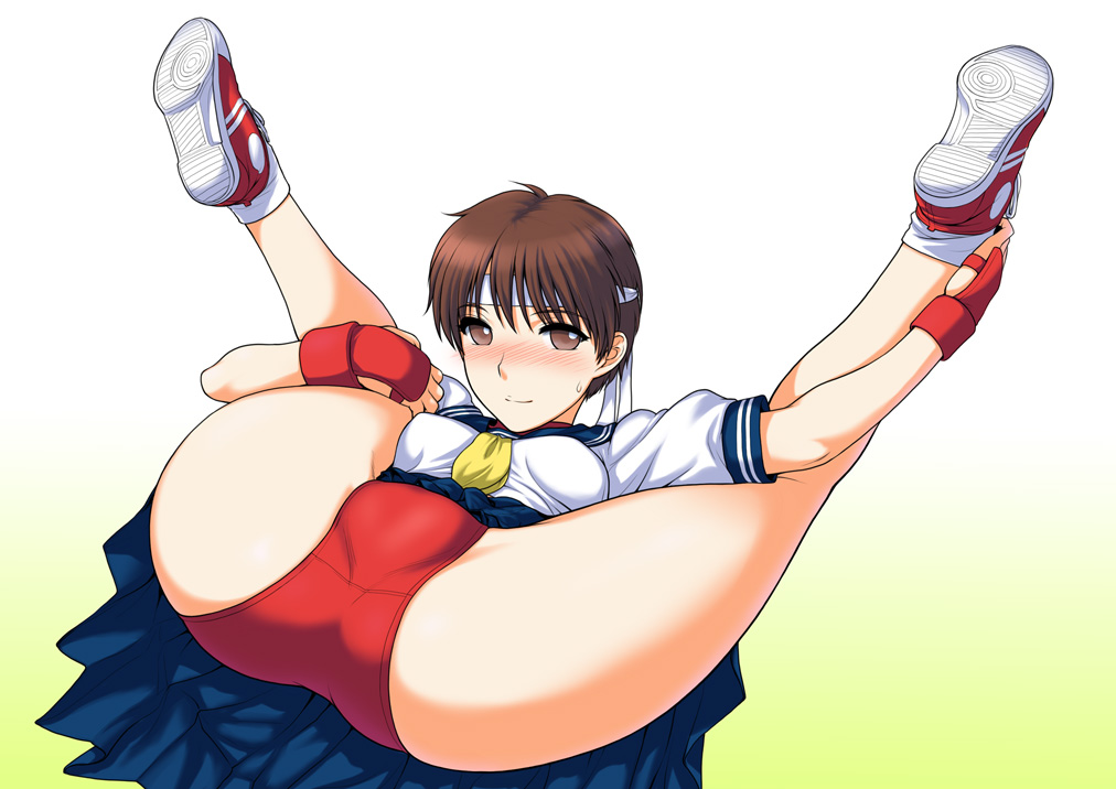 st.germain-sal, kasugano sakura, capcom, street fighter, street fighter zero (series), md5 mismatch, 1990s (style), 1girl, ass, blue sailor collar, blush, brown eyes, brown hair, buruma, cameltoe, clothes lift, fat mons, female focus, folded, knees to chest, leg hold, legs up, miniskirt, pov, presenting, retro artstyle, sailor collar, school uniform, shoes, short hair, skirt, skirt lift, smirk, sneakers, solo, spread legs, thighs