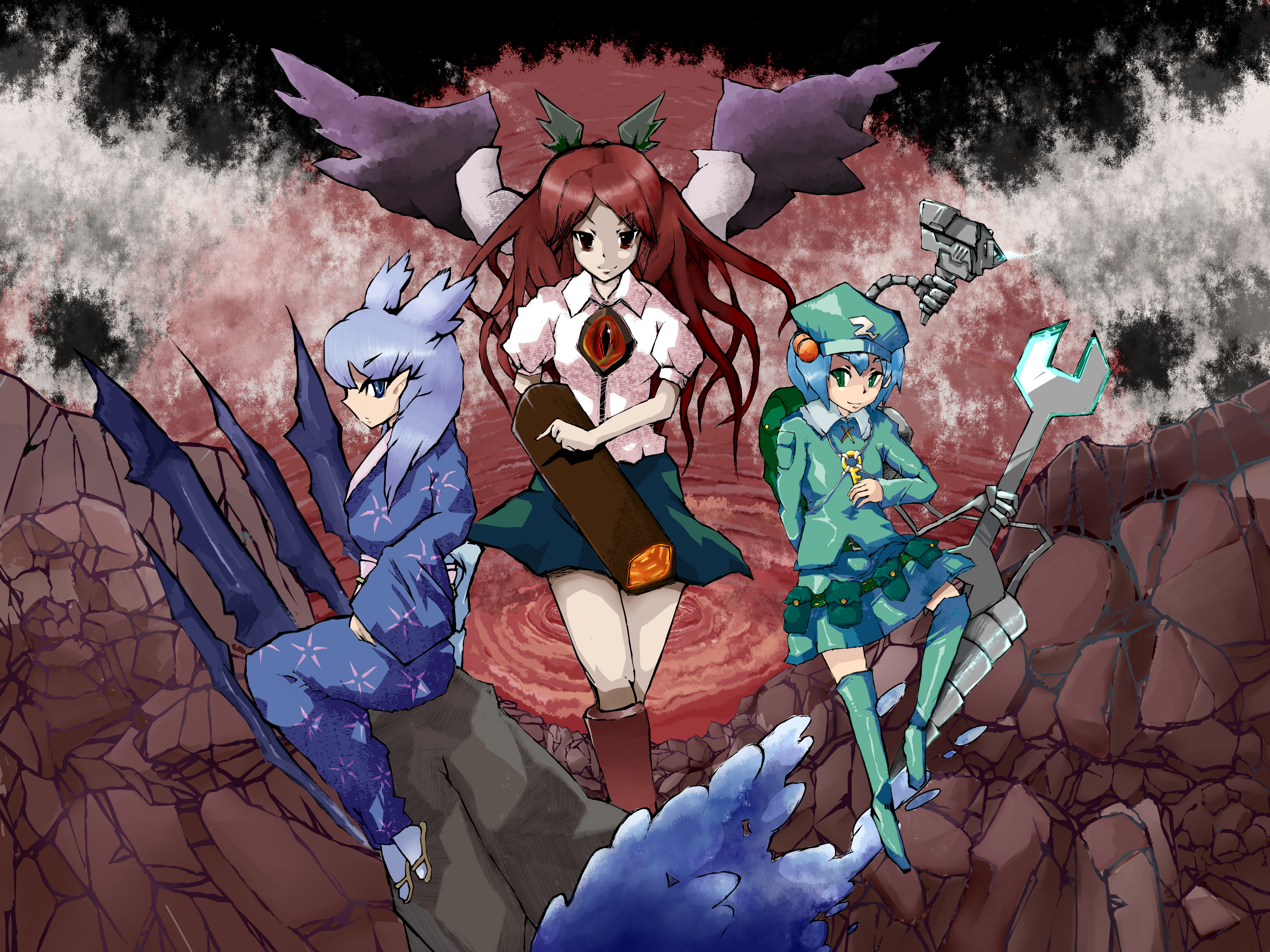 yutaka, kawashiro nitori, reiuji utsuho, sashiromiya sasha, original, touhou, absurdres, artist request, highres, 3girls, arm cannon, bag, blouse, collared shirt, female focus, hair between eyes, japanese clothes, kimono, miniskirt, multiple girls, pocket, pointy ears, shirt, sitting, skirt, thighhighs, two side up, weapon, white shirt, wings, yukata