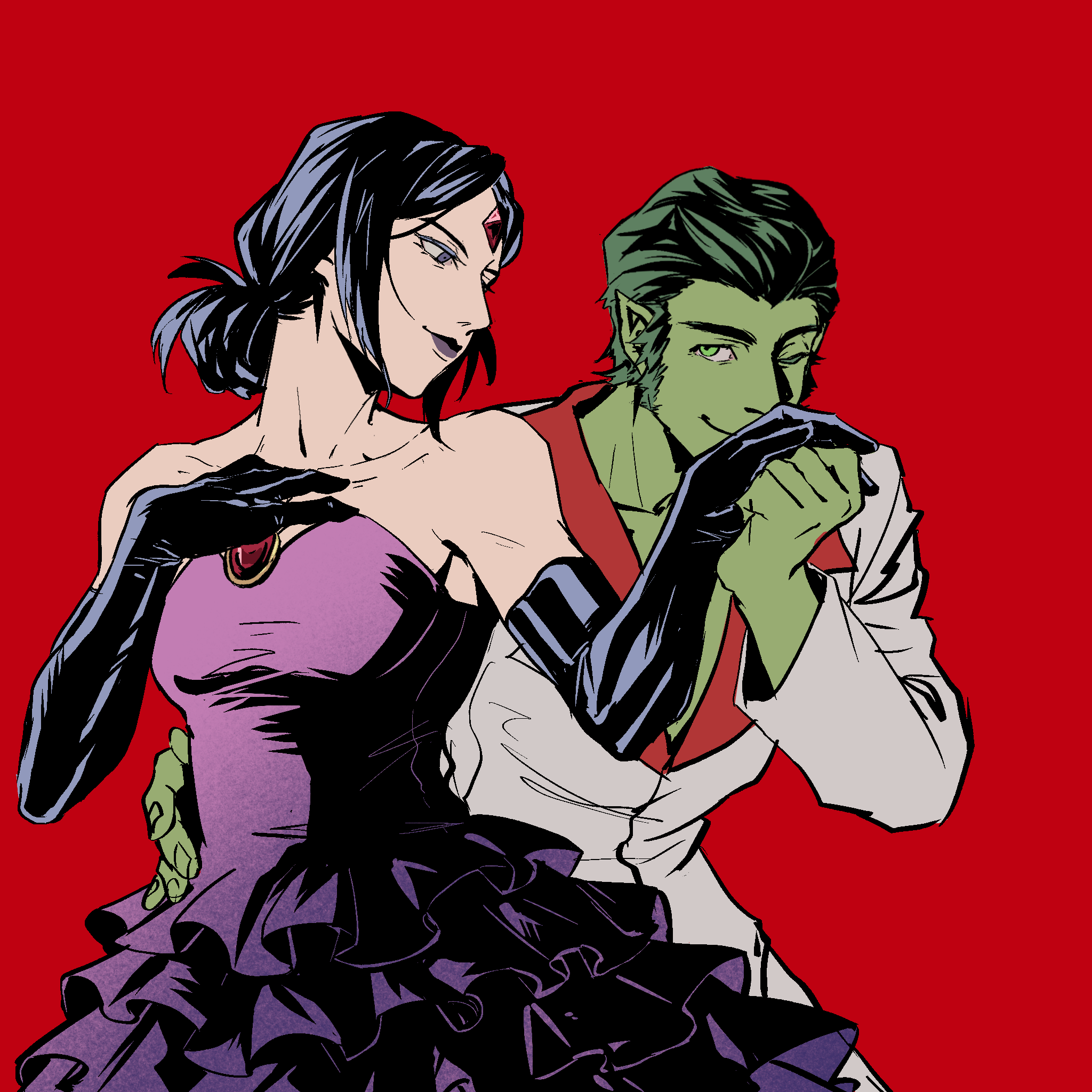 beast boy (dc), raven (dc), dc comics, new teen titans, teen titans, chinese commentary, highres, 1boy, 1girl, alternate costume, bare shoulders, black gloves, closed mouth, collarbone, collared jacket, colored skin, couple, dancing, dress, elbow gloves, forehead jewel, formal clothes, frilled dress, frills, from side, gem, gloves, green eyes, green hair, green skin, hair up, hand on another's waist, hand on own chest, head tilt, hetero, holding hands, jacket, kiss, kissing hand, light smile, long sleeves, looking down, looking to the side, looking up, one eye closed, pants, parted bangs, purple dress, purple eyes, purple hair, purple lips, red background, red gemstone, simple background, standing, suit, upper body, xingchen96926