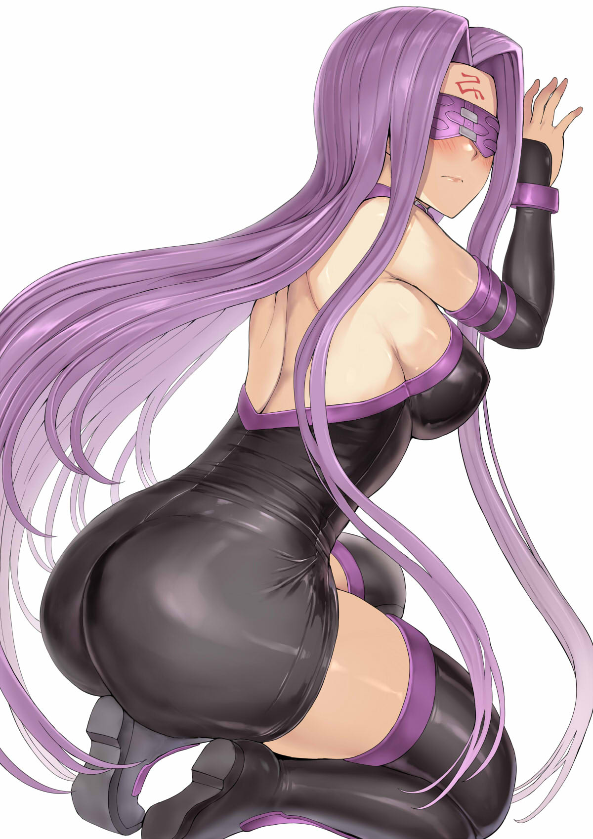 hakaba (dairiseki), medusa (fate), medusa (rider) (fate), fate/stay night, fate (series), highres, 1girl, ass, bare shoulders, black dress, black thighhighs, blush, breasts, collar, detached sleeves, dress, facial mark, forehead, forehead mark, kneeling, large breasts, long hair, looking at viewer, looking back, parted bangs, purple eyes, purple hair, short dress, sidelocks, solo, thighhighs, very long hair