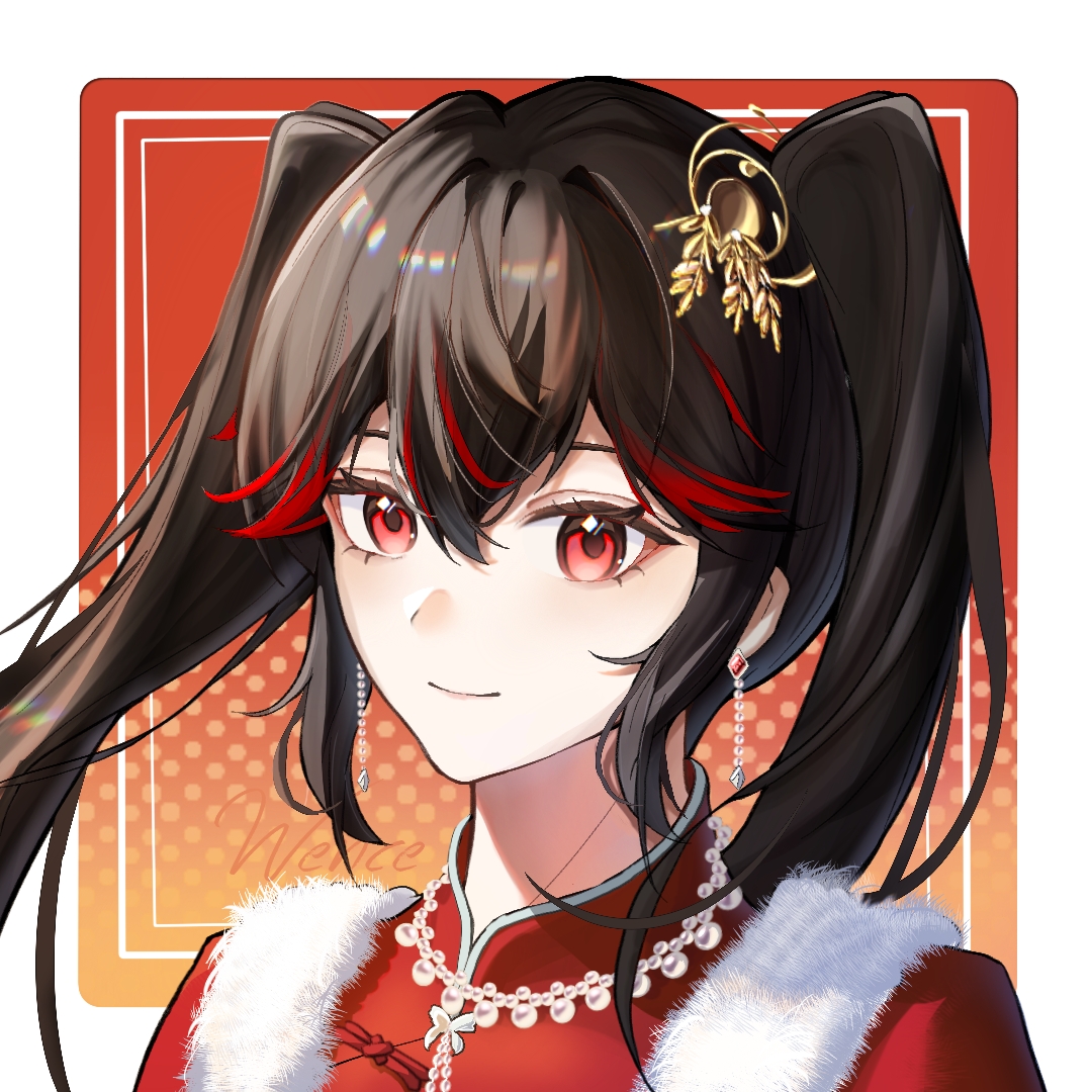 wence, lucia (pgr), punishing: gray raven, chinese commentary, commentary request, 1girl, alternate costume, black hair, chinese clothes, close-up, earrings, fur trim, hair between eyes, hair ornament, jewelry, long hair, looking at viewer, multicolored hair, portrait, red eyes, red streaks, smile, solo, twintails, two-tone hair