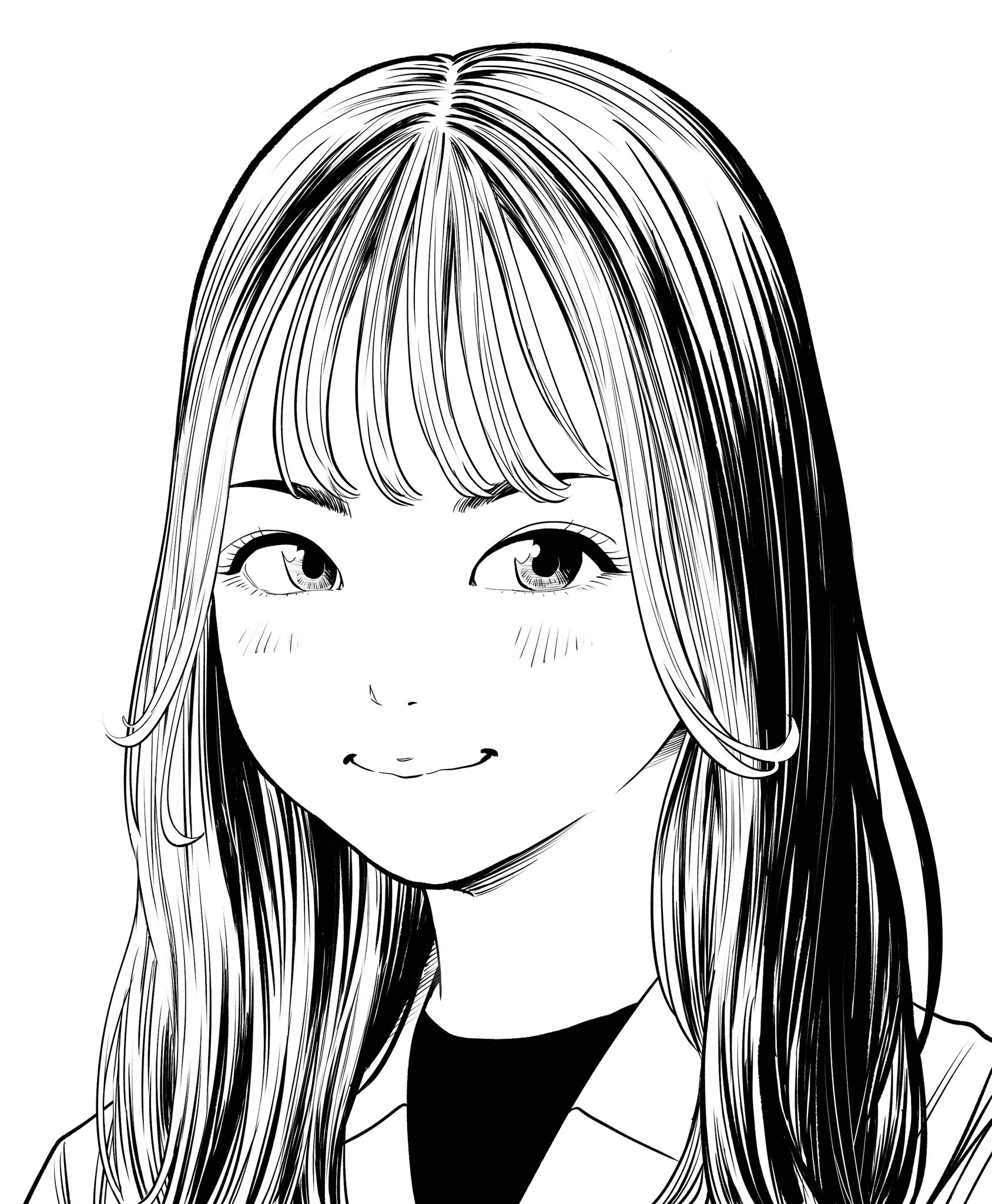 lee (dragon garou), original, commentary request, highres, 1girl, eyelashes, hatching (texture), jacket, light blush, long hair, monochrome, portrait, smile, solo