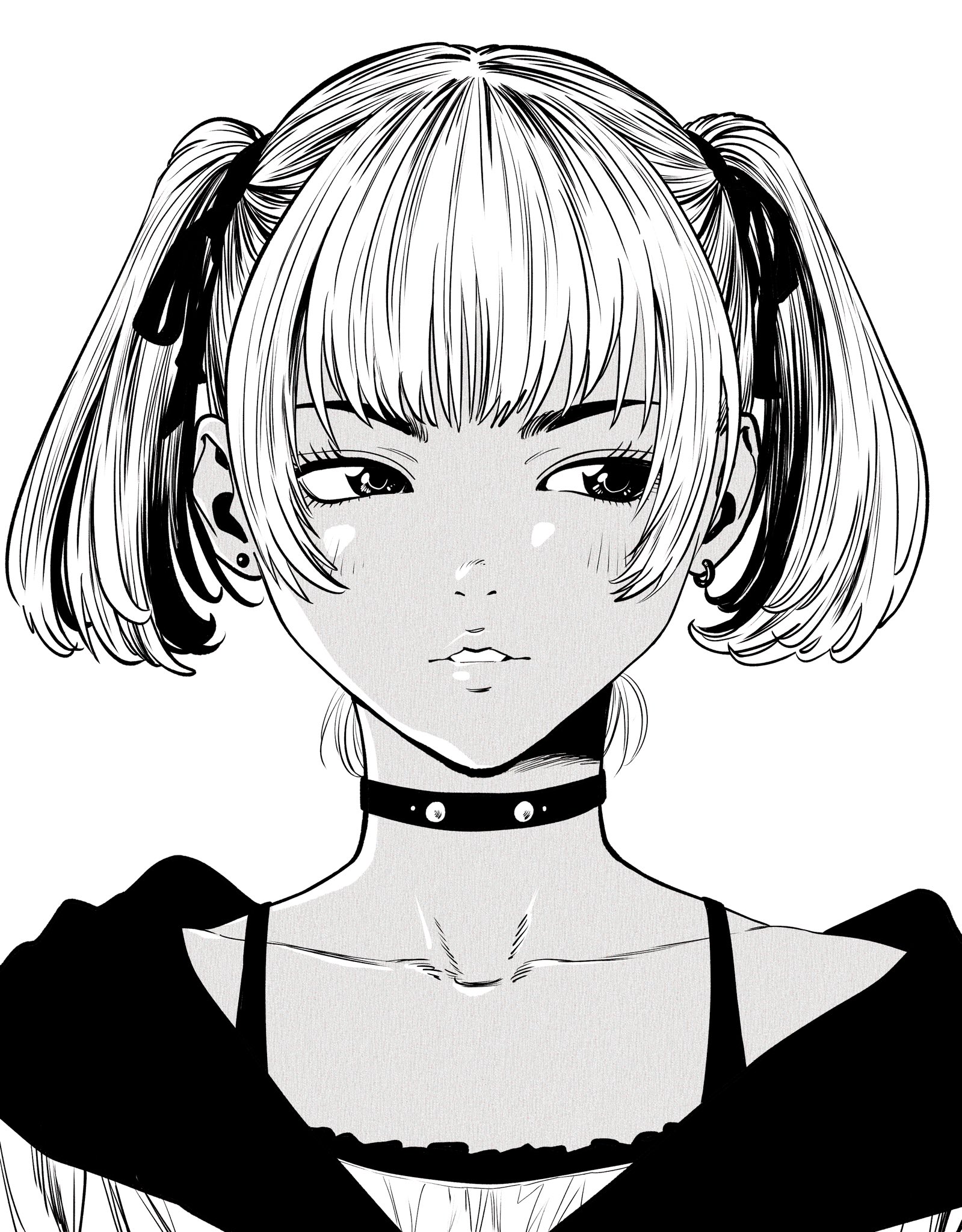 lee (dragon garou), original, commentary request, highres, 1girl, bra strap, choker, collarbone, dark-skinned female, dark skin, earrings, hair ribbon, hood, hoodie, jewelry, mismatched earrings, portrait, ribbon, sideways glance, solo, straight-on, stud earrings, twintails