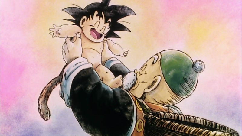 grandpa gohan, son goku, dragon ball, anime screenshot, 2boys, ^ ^, aged down, basket, black hair, child, closed eyes, gohan ojichan, happy, hat, holding, japanese clothes, male focus, monkey tail, multiple boys, nude, outstretched arms, spiked hair, spread arms, tail, white hair