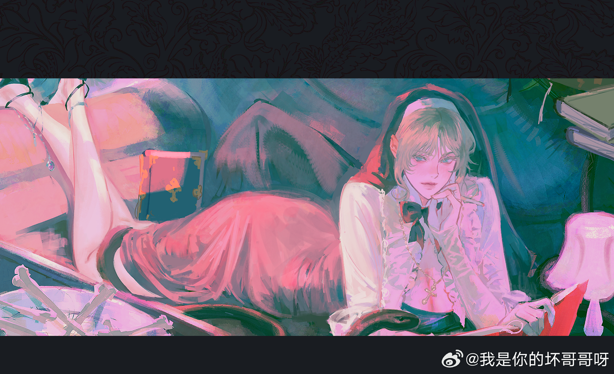 pulppunk001, char aznable, gundam, zeta gundam, bad source, highres, 1girl, black bow, black bowtie, blonde hair, book, bow, bowtie, breasts, cleavage, couch, cross, cross necklace, desk lamp, dress, frills, genderswap, genderswap (mtf), high heels, holding, indoors, jewelry, lamp, letterboxed, long sleeves, looking at viewer, lying, necklace, nun, on couch, on stomach, open book, reading, shirt, short hair, snake, solo, tentacles, the pose, watermark, weibo username, weibo watermark, white shirt