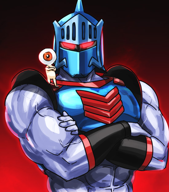 usatarou, gouri daisuke, medama oyaji, robin mask, tanonaka isamu, gegege no kitarou, kinnikuman, toei company, 2boys, crossed arms, crossover, emblem, extreme muscles, gradient background, helmet, male focus, multiple boys, muscular, red eyes, upper body, vambraces, voice actor connection