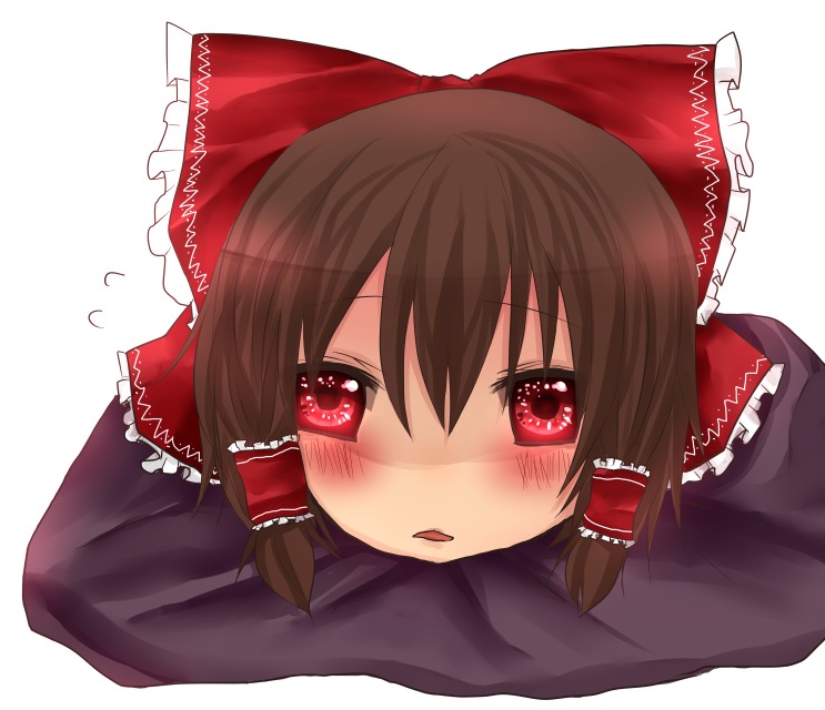 yueri (yumi), hakurei reimu, touhou, bad id, bad pixiv id, blush, female focus, no humans, pillow, ribbon, yukkuri shiteitte ne
