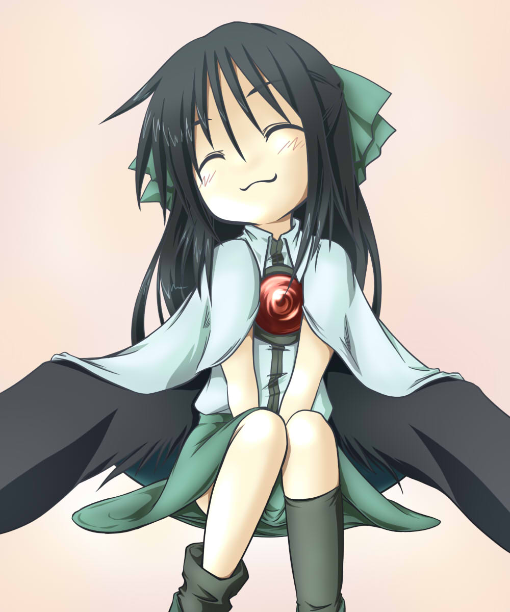 inu wi, reiuji utsuho, touhou, highres, md5 mismatch, 1girl, :3, aged down, asymmetrical clothes, black hair, blush, cape, closed eyes, female focus, hair ribbon, happy, head tilt, ribbon, simple background, sitting, smile, solo, v arms, wings