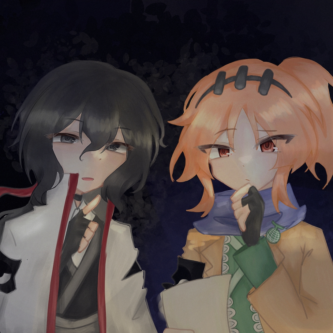 compass (xinjinjumin6687443), light blue yoshi, senri tsurubami, zuifeng tenkai, len'en, chinese commentary, commentary request, 2others, adapted costume, androgynous, armband, black armband, black background, black choker, black eyes, black gloves, black hair, black kimono, choker, closed mouth, coat, coat on shoulders, collared coat, collared jacket, collared shirt, dot nose, dress, expressionless, eye of senri, eye print, eyes visible through hair, fingerless gloves, frown, gloves, green kimono, hair between eyes, hand on own chin, high collar, holding, holding scroll, jacket, japanese clothes, kimono, lace-trimmed jacket, lapels, layered dress, long hair between eyes, long sleeves, looking at viewer, medium hair, multiple others, notched lapels, open clothes, open coat, open jacket, open mouth, orange eyes, orange hair, other focus, print armband, scroll, shirt, shirt under kimono, short side ponytail, simple background, thinking, torn clothes, torn sleeves, tsurime, upper body, wavy hair, white coat, white shirt