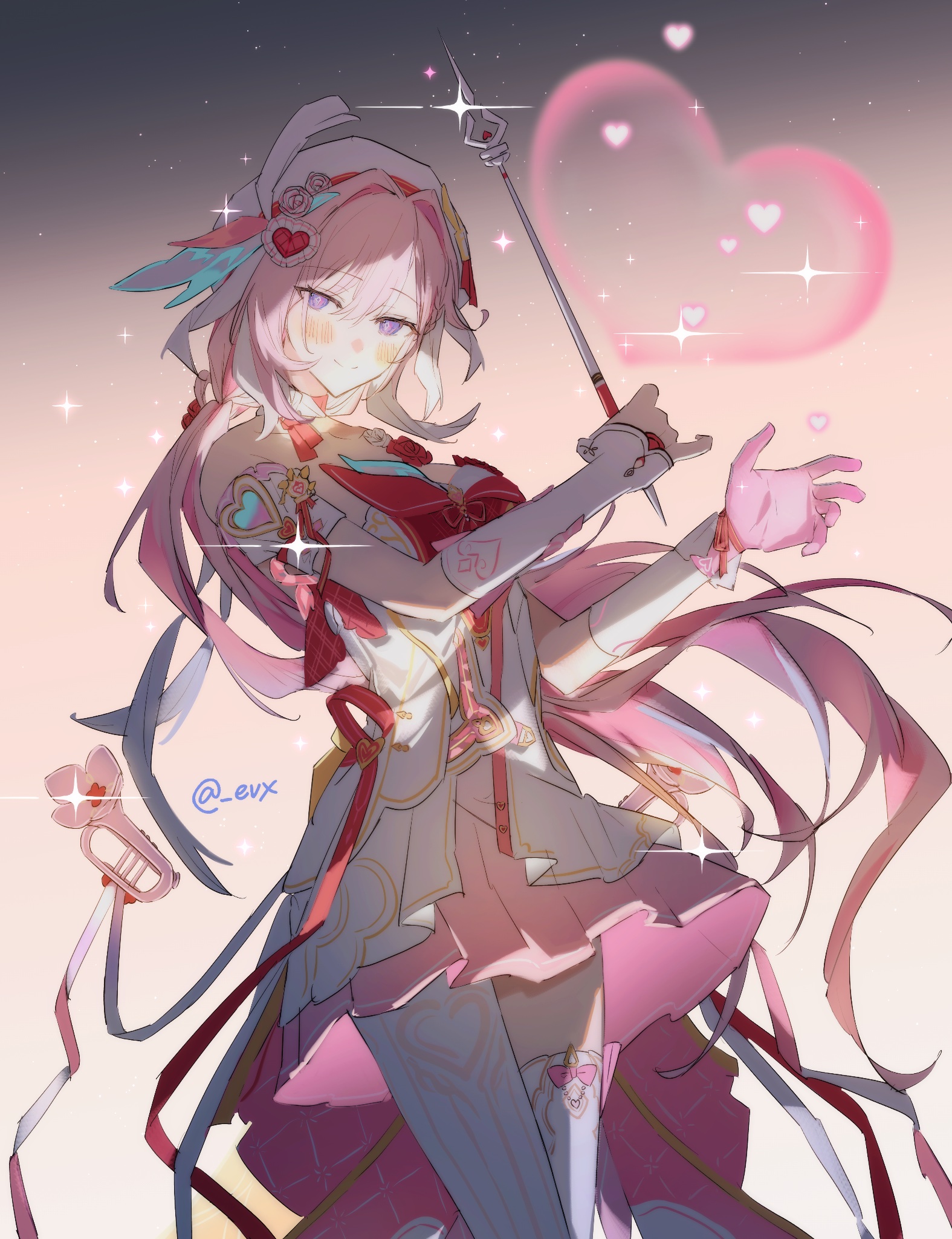eve (meltdown), elysia (hi love elf) (honkai impact), elysia (honkai impact), honkai (series), honkai impact 3rd, commentary, highres, 1girl, beret, blush, breasts, diamond-shaped pupils, diamond (shape), dress, gloves, hat, heart, holding baton, instrument, large breasts, long hair, looking at viewer, multicolored dress, multicolored hair, pink dress, pink hair, purple eyes, red dress, single glove, smile, solo, symbol-shaped pupils, thighhighs, trumpet, twitter username, two-tone hair, very long hair, white dress, white hair, white thighhighs
