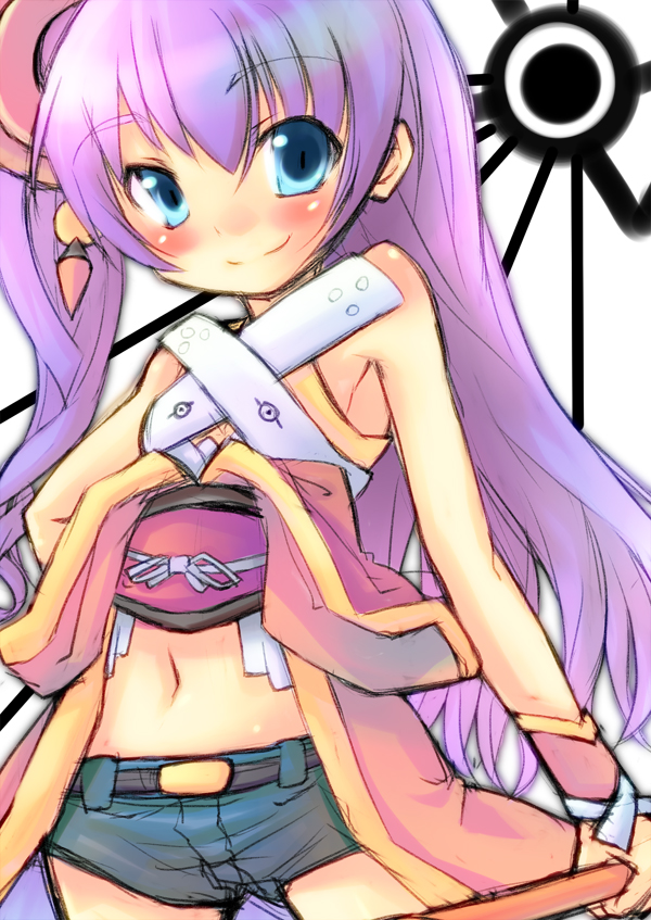 hizuki reiya, cocona vatel, ar tonelico, ar tonelico ii, gust, bad id, bad pixiv id, 1girl, bare shoulders, blue eyes, blush, female focus, midriff, navel, purple hair, shorts, smile, solo, twintails, white background