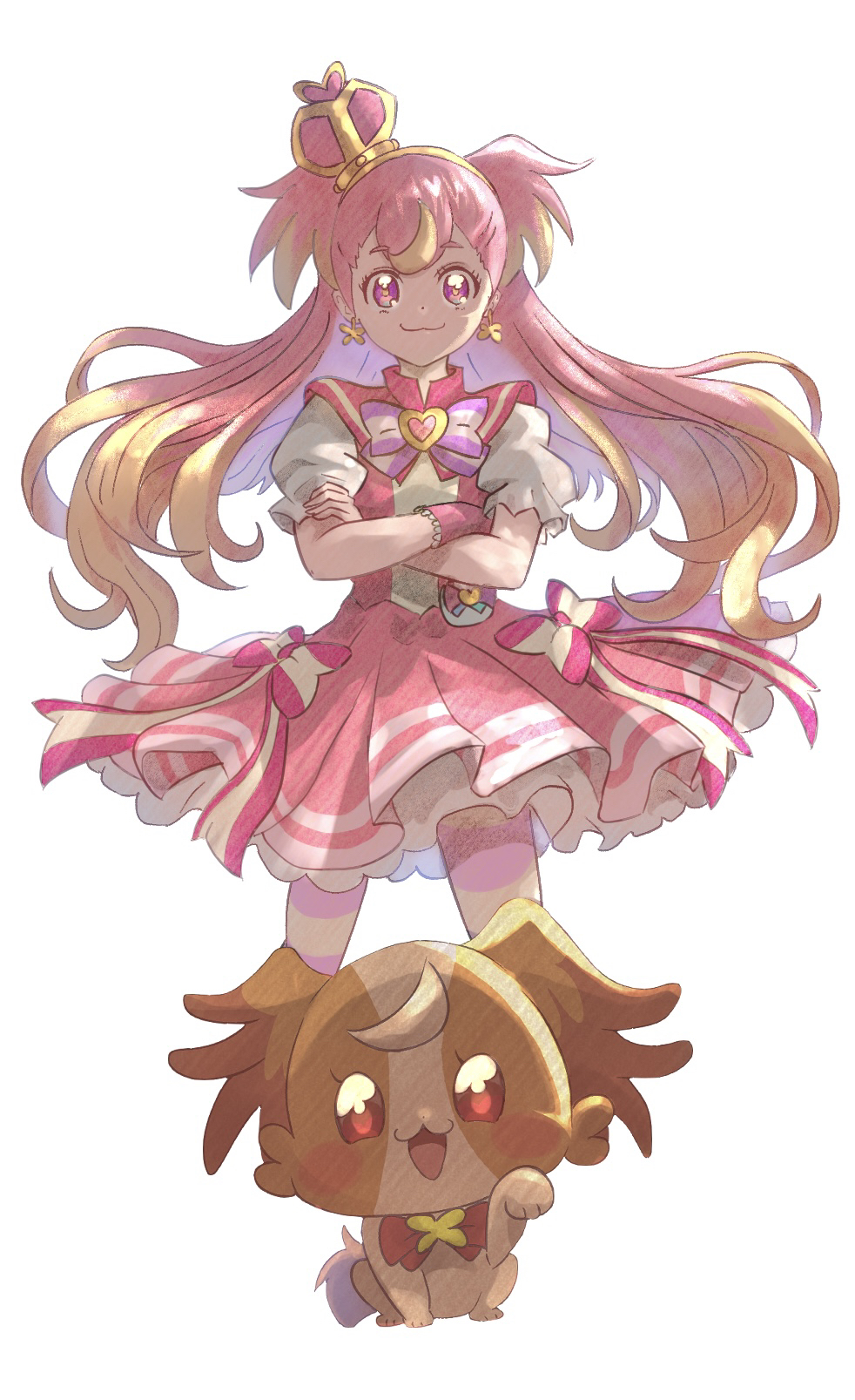 cure wonderful, inukai komugi, inukai komugi (dog), precure, wonderful precure!, commentary, highres, 1girl, :3, :d, arched crown, blonde hair, blush stickers, bow, bright pupils, brooch, brown fur, butterfly earrings, capelet, chest bow, closed mouth, colored tips, crossed arms, crown, dog, dress, dress bow, dual persona, earrings, frilled wrist cuffs, frills, gold hairband, hairband, heart, heart brooch, jewelry, layered dress, legs apart, long hair, looking at viewer, magical girl, mini crown, multicolored bow, multicolored hair, multicolored pantyhose, open mouth, pact holder, pantyhose, papillon (dog), paw up, petticoat, pink bow, pink capelet, pink crown, pink dress, pink hair, pink pantyhose, pink wrist cuffs, pouch, puffy short sleeves, puffy sleeves, purple bow, purple eyes, red eyes, short dress, short sleeves, simple background, smile, standing, striped bow, striped clothes, striped pantyhose, thick eyebrows, tilted headwear, two-tone hair, two-tone pantyhose, two side up, very long hair, white background, wonderful pact, wonderful tanaka, wrist cuffs, yellow pantyhose, yellow pupils