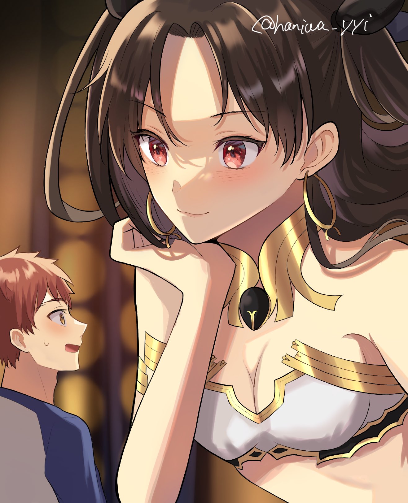 haniwa yyi, emiya shirou, ishtar (fate), fate/grand order, fate/stay night, fate (series), commentary request, highres, 1boy, 1girl, bandeau, black hair, blurry, blurry background, blush, breasts, cleavage, earrings, giant, giantess, head rest, hoop earrings, jewelry, medium breasts, red eyes, red hair, signature, size difference, sweatdrop, twitter username, two side up, white bandeau, yellow eyes