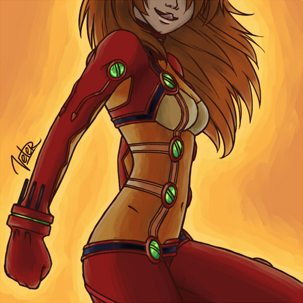 veter-vetrennij, souryuu asuka langley, neon genesis evangelion, rebuild of evangelion, 1girl, clenched hand, female focus, head out of frame, licking lips, mecha pilot suit, plugsuit (evangelion), solo, test plugsuit (evangelion), tongue, tongue out