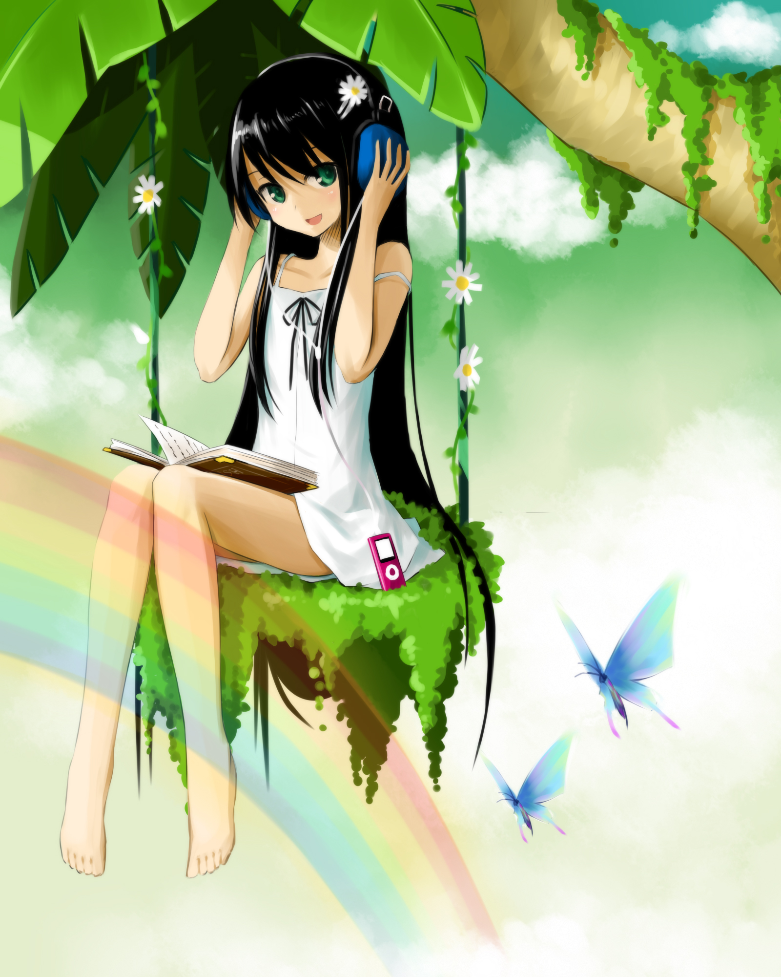 max0201, saya (saya no uta), saya no uta, artist request, highres, 1girl, :d, barefoot, black hair, book, bug, butterfly, dress, feet, female focus, flat chest, flower, green eyes, hair ornament, hairpin, hands on headphones, headphones, insect, ipod, ipod nano, ipod nano 5g, long hair, mp3 player, on swing, open mouth, palm tree, plant, rainbow, sitting, smile, solo, strap slip, sundress, swing, tree, very long hair, vines