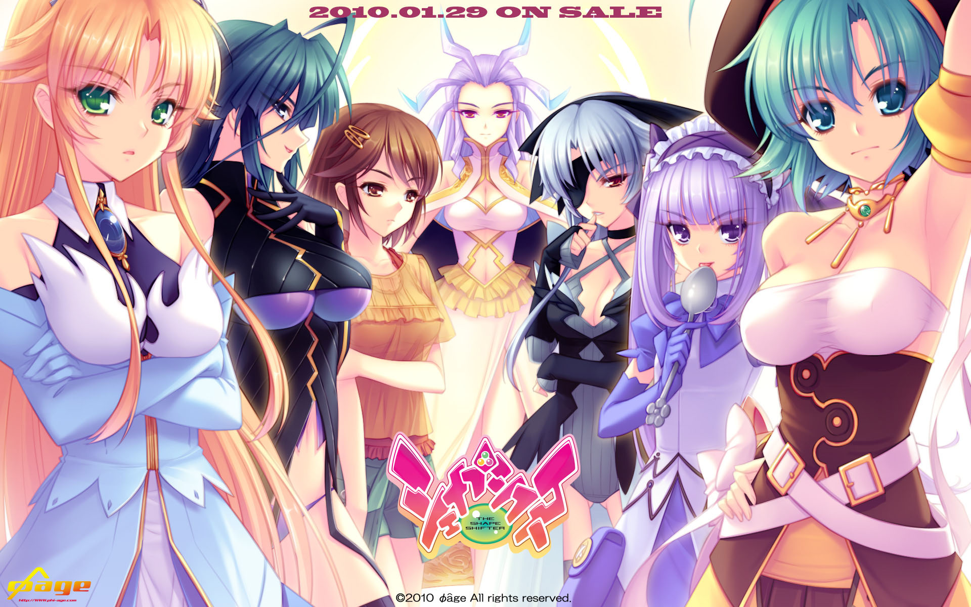 sayori (neko works), ahes kanuel, arduina, aretha mole, ildana lafarda, nhatya adtram, takashina youko, the shapeshifter, highres, official art, official wallpaper, 10s, 2010, 6+girls, armpits, breasts, cleavage, copyright name, multiple girls, thighhighs