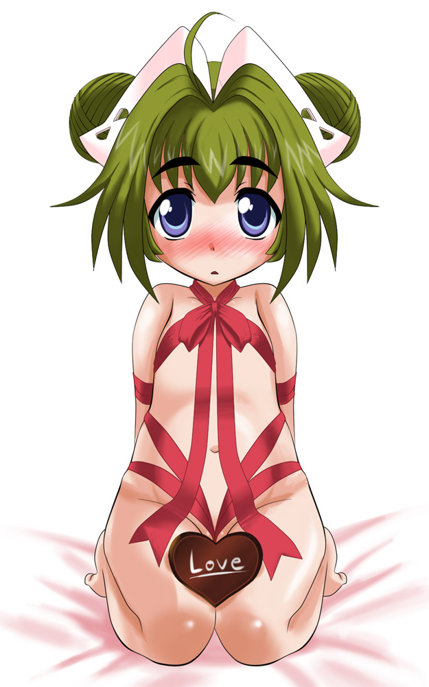 mihiro ardygun, banpresto, super robot wars, super robot wars w, artist request, 1girl, blue eyes, chocolate, double bun, female focus, green hair, hair bun, heart, kneeling, loli, naked ribbon, navel, ribbon, solo, valentine