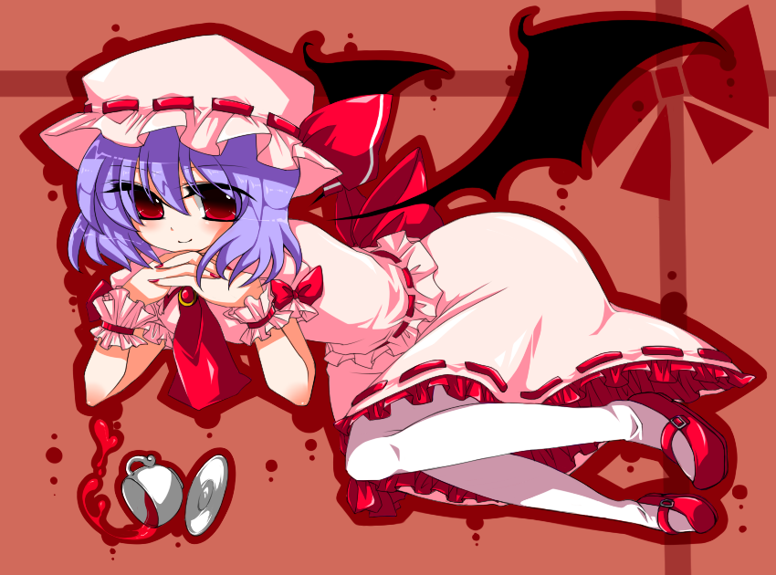 blue plan, remilia scarlet, touhou, bad id, bad pixiv id, 1girl, bat wings, female focus, full body, hat, purple hair, red eyes, short hair, solo, wings