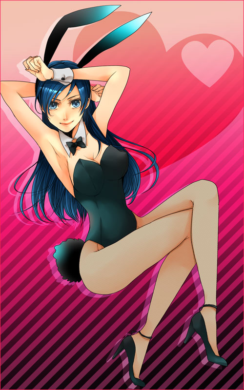 toufu (romeo328), shinohara natsuki, summer wars, striped, bad id, bad pixiv id, 00s, 1girl, animal ears, armpits, arms up, blue eyes, blue hair, bow, bowtie, breasts, cleavage, crossed legs, detached collar, fake animal ears, female focus, heart, legs, long hair, matching hair/eyes, pantyhose, playboy bunny, rabbit ears, rabbit tail, shoes, solo, tail, wrist cuffs