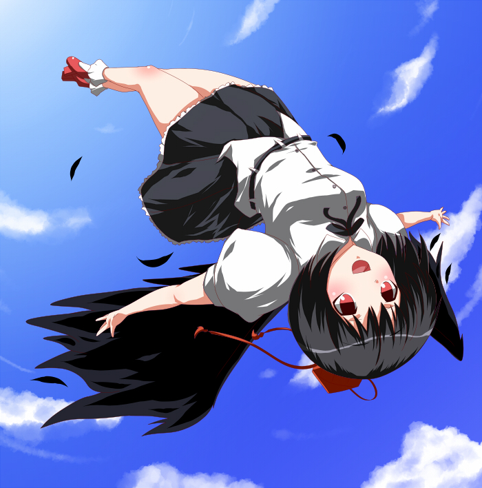 shiratori serano, shameimaru aya, touhou, looking away, 1girl, black hair, blush, cloud, day, female focus, geta, hat, legs, open mouth, red eyes, short hair, sky, smile, solo, tengu-geta, tokin hat, wings