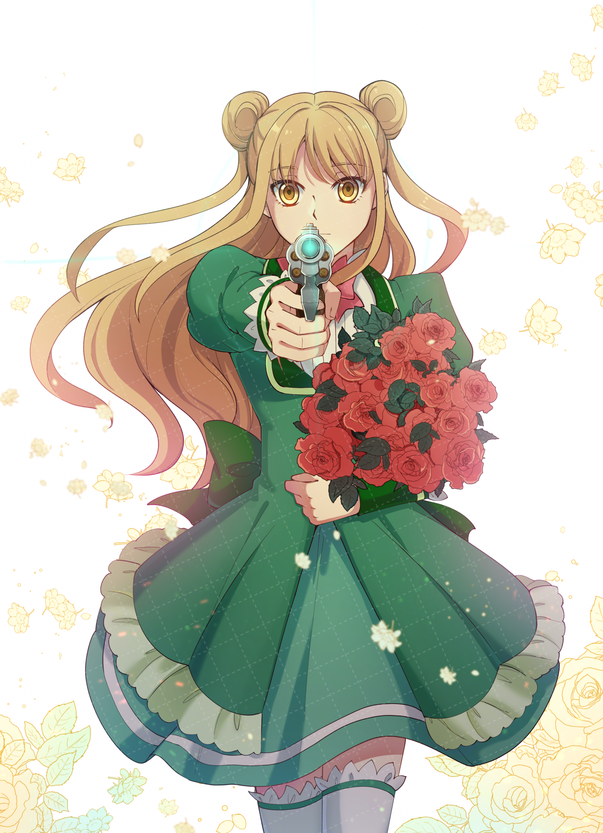rei kuin, lan ruobing, zhandou wang zhi jufeng zhan hun, absurdres, chinese commentary, commentary request, highres, 1girl, aiming, aiming at viewer, blonde hair, brown eyes, brown hair, double bun, dress, flower, gun, hair bun, handgun, long hair, looking at viewer, red flower, red rose, rose, solo, thighhighs, weapon, white thighhighs, yellow eyes