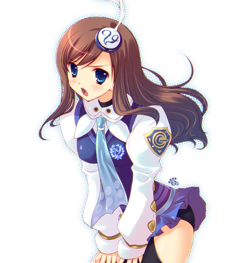 mame-p, lumia waber, alfa system, phantasy star, phantasy star portable, phantasy star portable 2, bad id, bad pixiv id, 1girl, blue eyes, blush, brown hair, female focus, long hair, looking at viewer, open mouth, solo